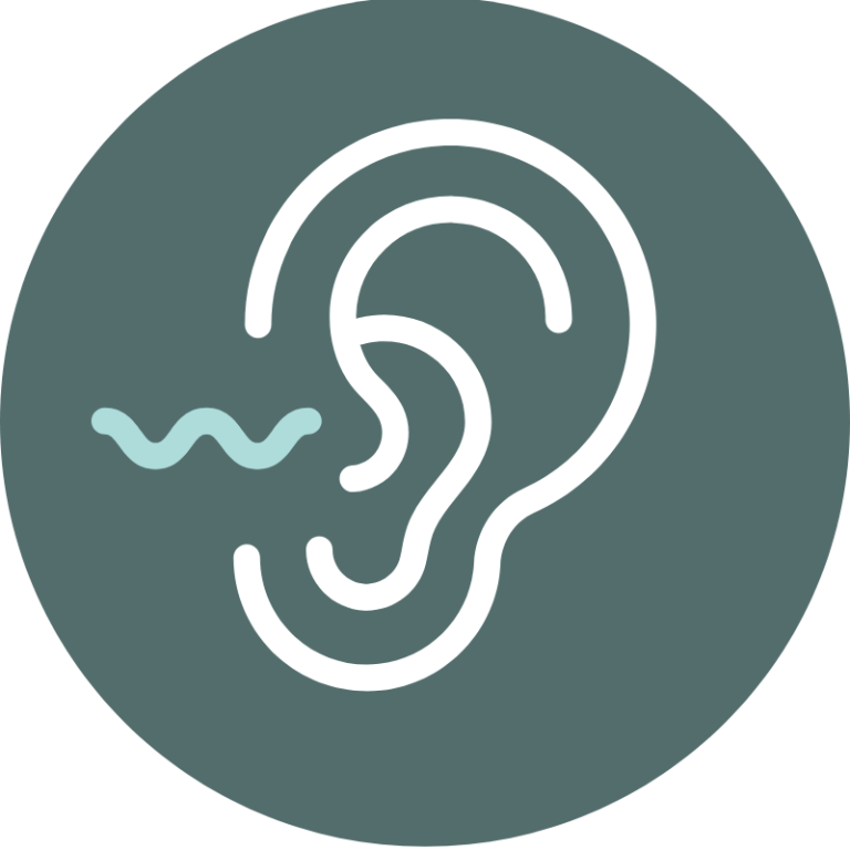Stylized ear icon representing hearing and sound, featuring a minimalist design with wavy lines to indicate sound waves.