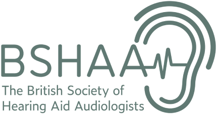 Logo of the British Society of Hearing Aid Audiologists featuring an ear icon and the acronym BSHAA.