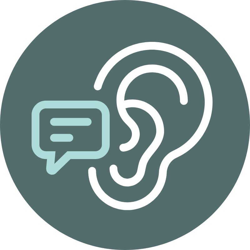 Icon of an ear with a speech bubble, symbolizing listening and communication, suitable for various applications.