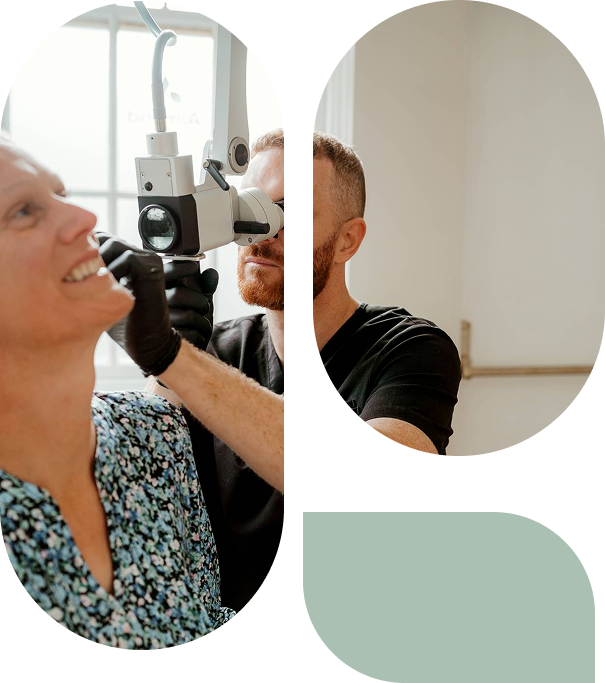 A clinician in black gloves examines a smiling woman’s ear through a microscope in a bright room; a separate portrait shows the clinician.