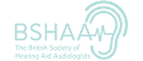 Teal BSHAA lettering sits beneath a circular sound-wave motif, with smaller text reading British Society of Hearing Aid Audiologists.