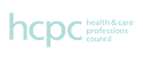 The hcpc health and care professions council logo combines lowercase teal lettering with a small white subtitle on a dark background.