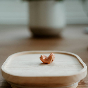 A beige hearing aid rests on a pale wooden tray, with a softly blurred interior behind it at Almond Hearing in Livingston, Scotland.
