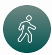 White walking-person symbol sits inside a teal circular icon, accompanying directions to Almond Hearing’s Broughty Ferry clinic in Scotland.