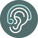 A white outline of an ear sits within a teal circle, accompanying advice about recycling used hearing aid batteries.