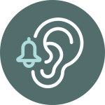 A white outline of an ear and small ringing bell sits within a muted teal circle, representing tinnitus and sound masking.