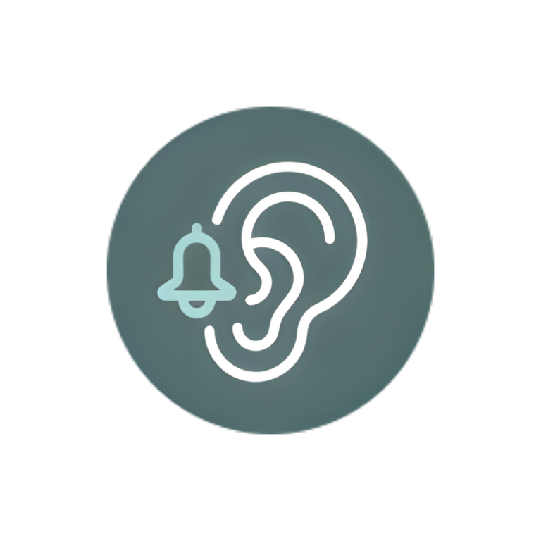A white ear outline and pale teal bell sit within a dark teal circle, symbolising hearing care at Almond Hearing in Scotland.