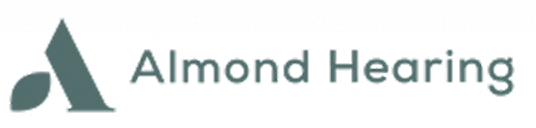 The Almond Hearing logo pairs a muted teal abstract leaf and angular shape with the company name in matching lettering.