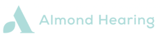 The pale teal Almond Hearing wordmark appears in a clean sans-serif typeface beside a stylised ear and leaf-shaped emblem.