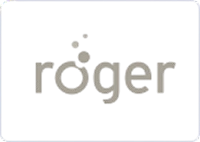 A dark plaque bears the lowercase name “röger” in pale lettering, with three small circular dots arranged above the ö.