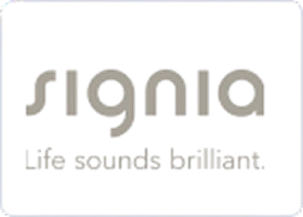 Pale Signia lettering and the tagline “Life sounds brilliant” appear on a dark rectangular plaque with a thin light border.
