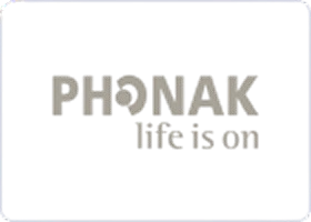 Pale Phonak lettering and the tagline “life is on” stand out against a dark rectangular field with a fine light border.