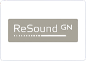 A black hearing technology device bears the ReSound GN logo in light lettering, with a dotted line and solid underline below.