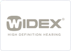 A white Widex logo and “High Definition Hearing” lettering stand out against a dark background, with crisp, bold typography.