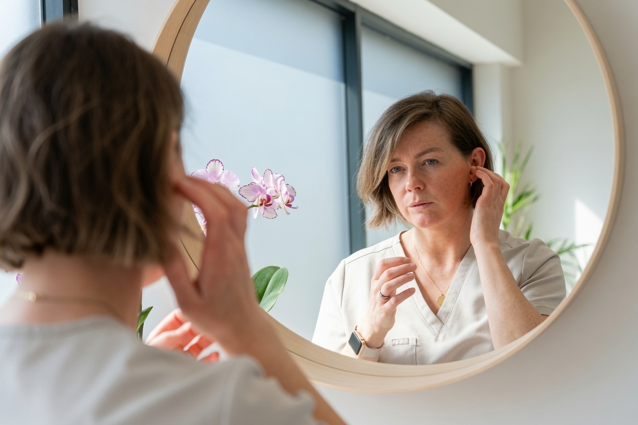 A woman examines her ear in a round mirror, gently touching it as she considers tinnitus and hearing care in a bright room.