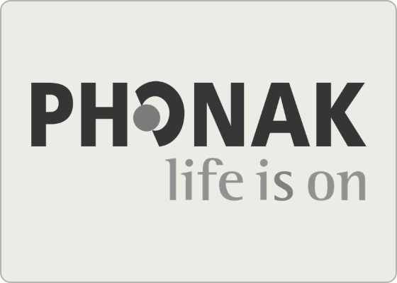 The Phonak logo appears in bold black lettering, with the grey tagline “life is on” beneath it on a pale background.