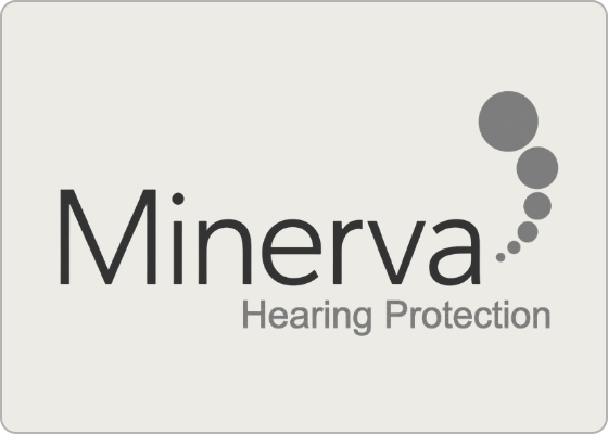 The Minerva Hearing Protection logo displays slim dark lettering beside a curved trail of grey circles, with the service name below.