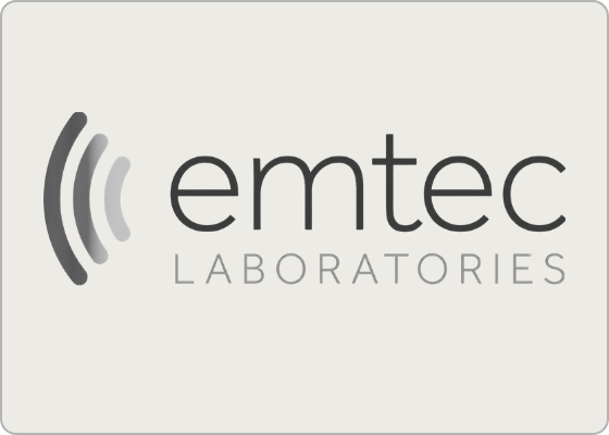 The Emtec Laboratories logo pairs a dark grey wordmark with three curved sound-wave shapes and a lighter grey subtitle.