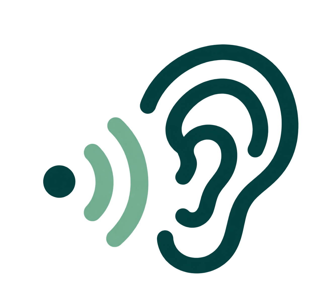 A dark green ear symbol sits beside pale green sound-wave arcs, representing hearing and sound in Almond Hearing’s services.