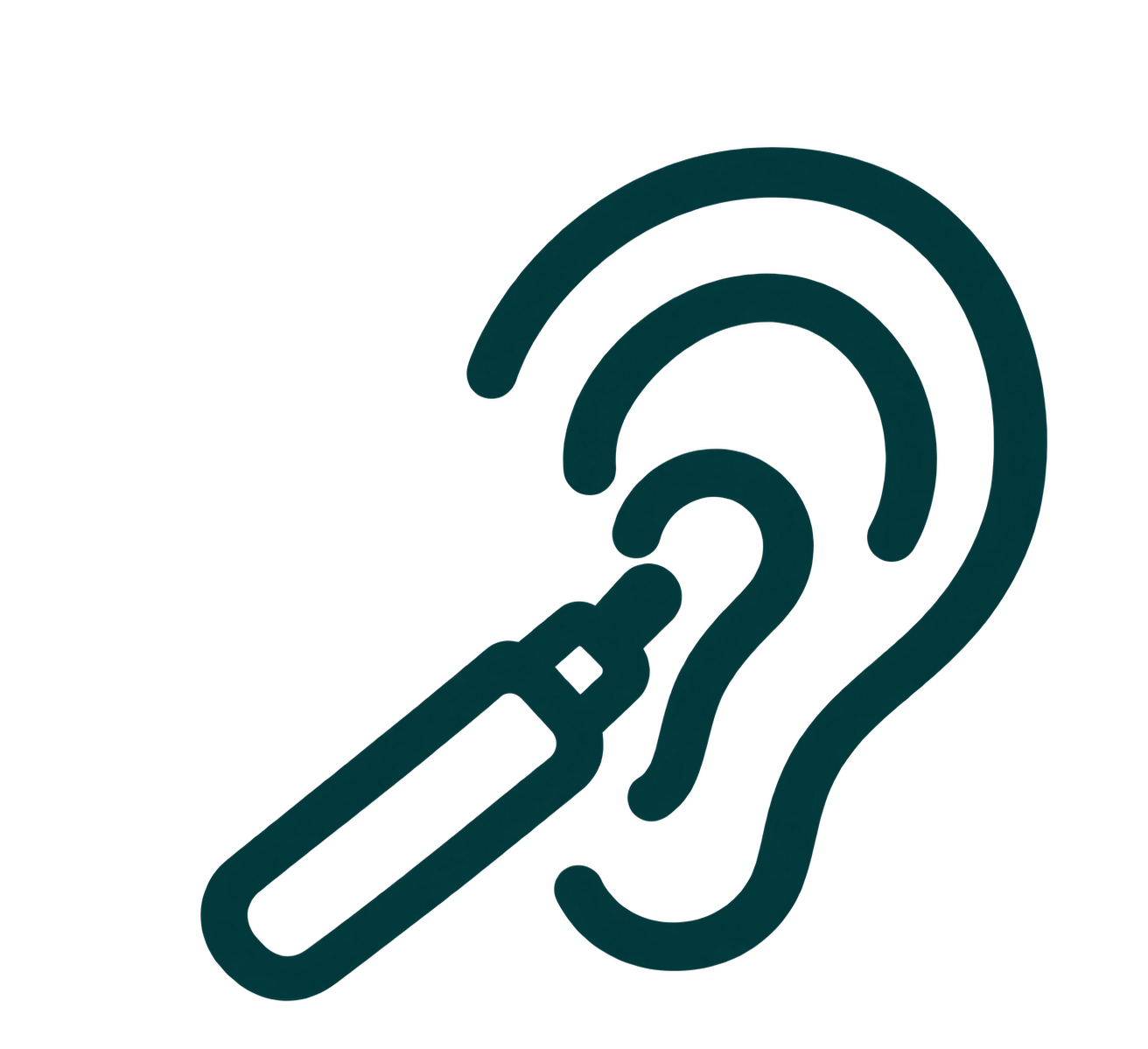 A dark teal ear with curved sound lines and an angled hearing instrument represents hearing care from Almond Hearing in Scotland.