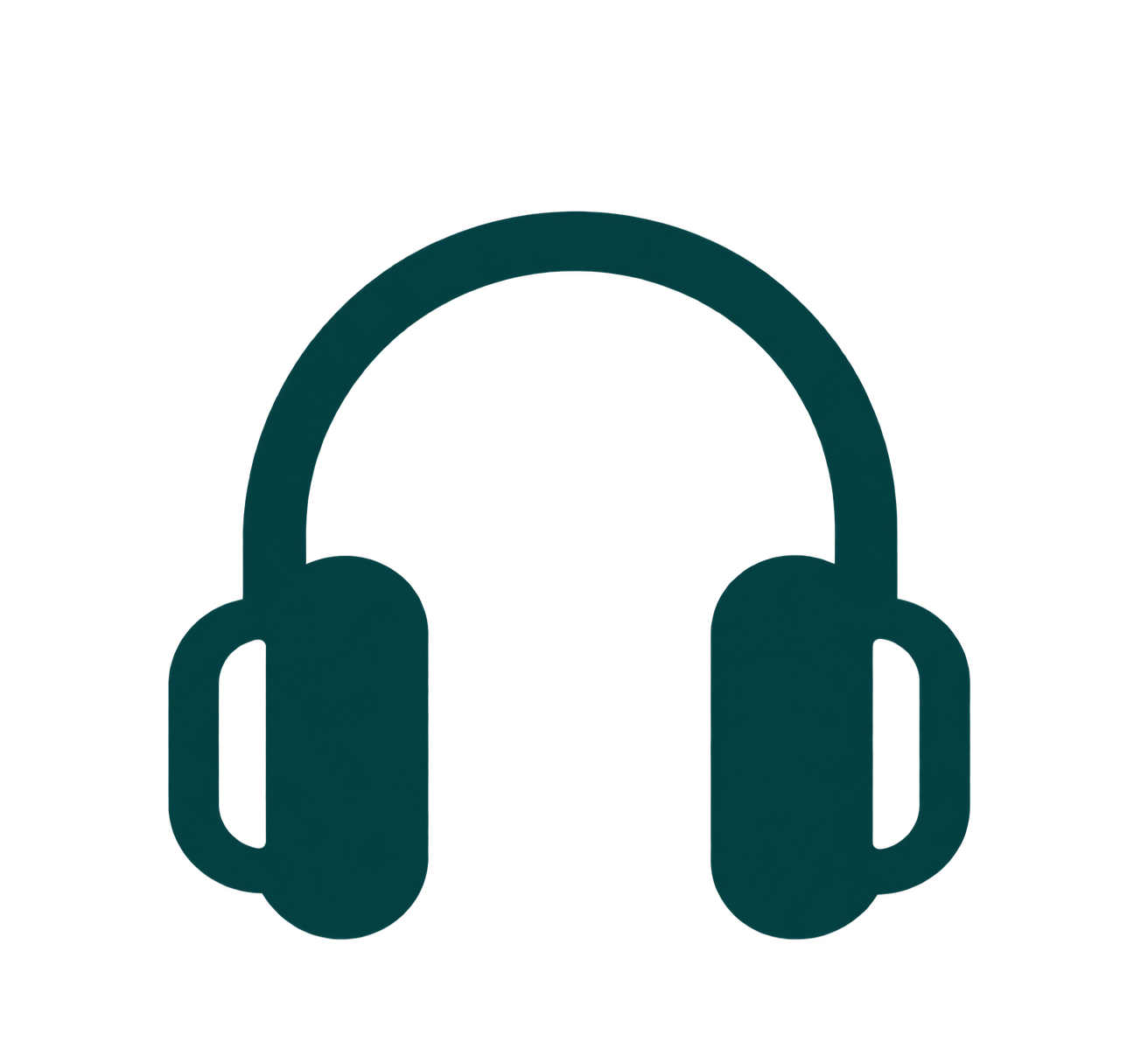 A dark teal over-ear headphones icon with a broad curved headband and rounded ear cups represents hearing care and noise protection.