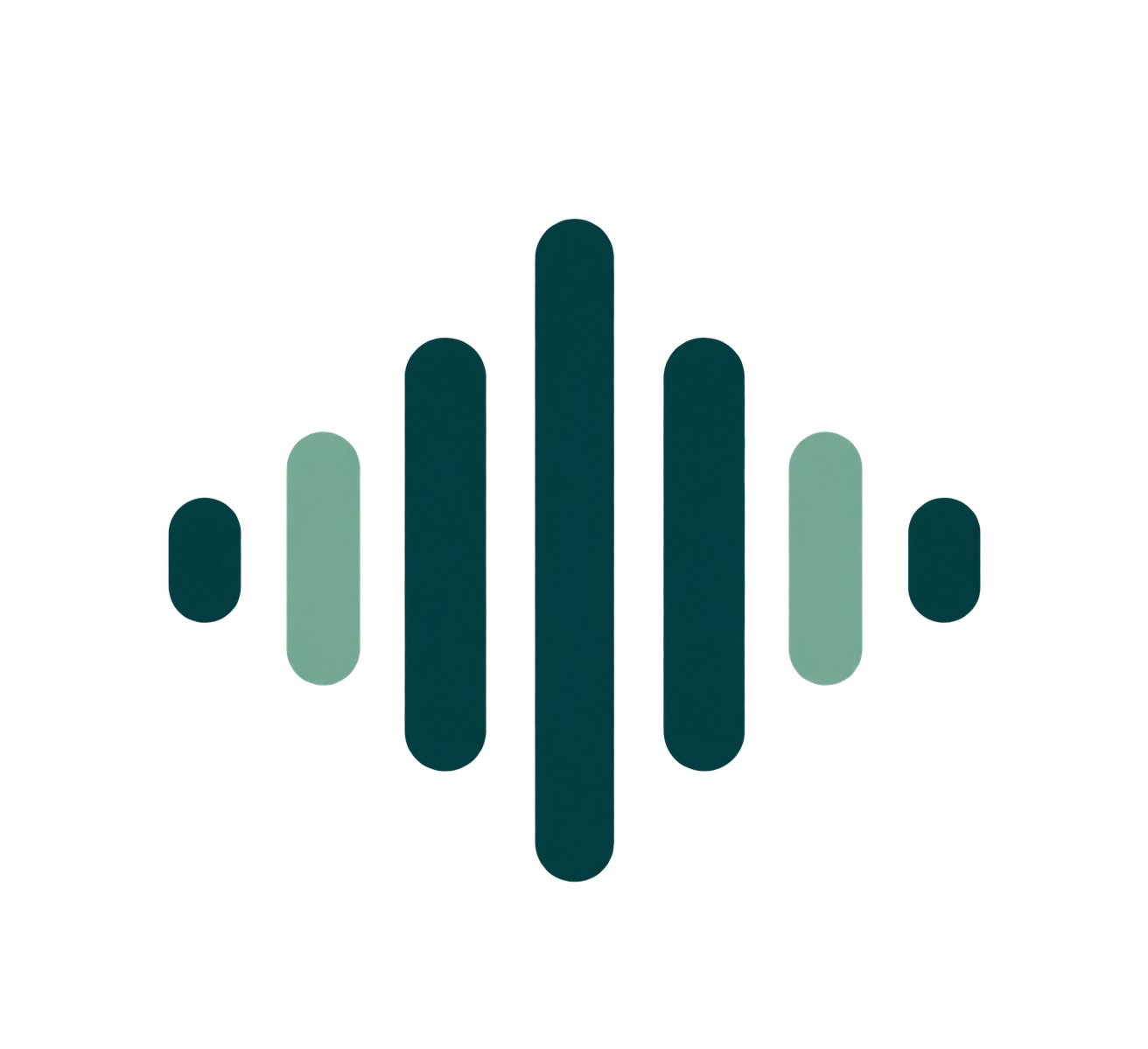 A symmetrical sound-wave symbol uses seven rounded bars, with a tall dark teal centre flanked by pale green and shorter teal bars.