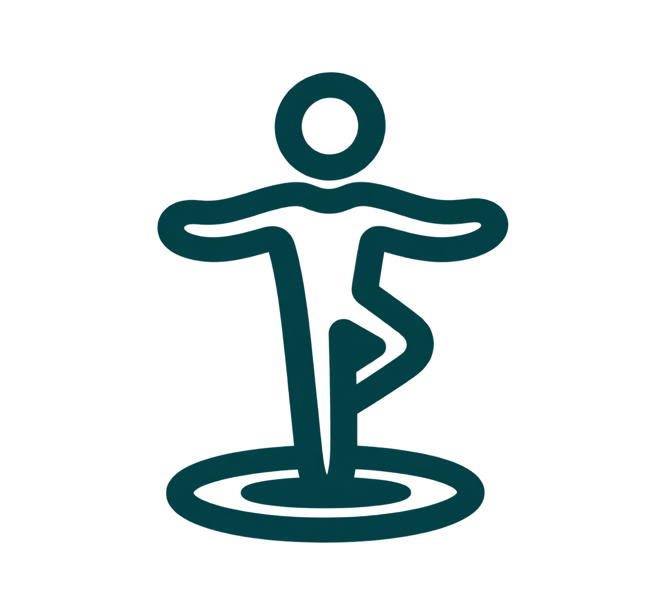 A dark teal line icon shows a figure balancing on one leg with arms outstretched, standing within an oval outline.