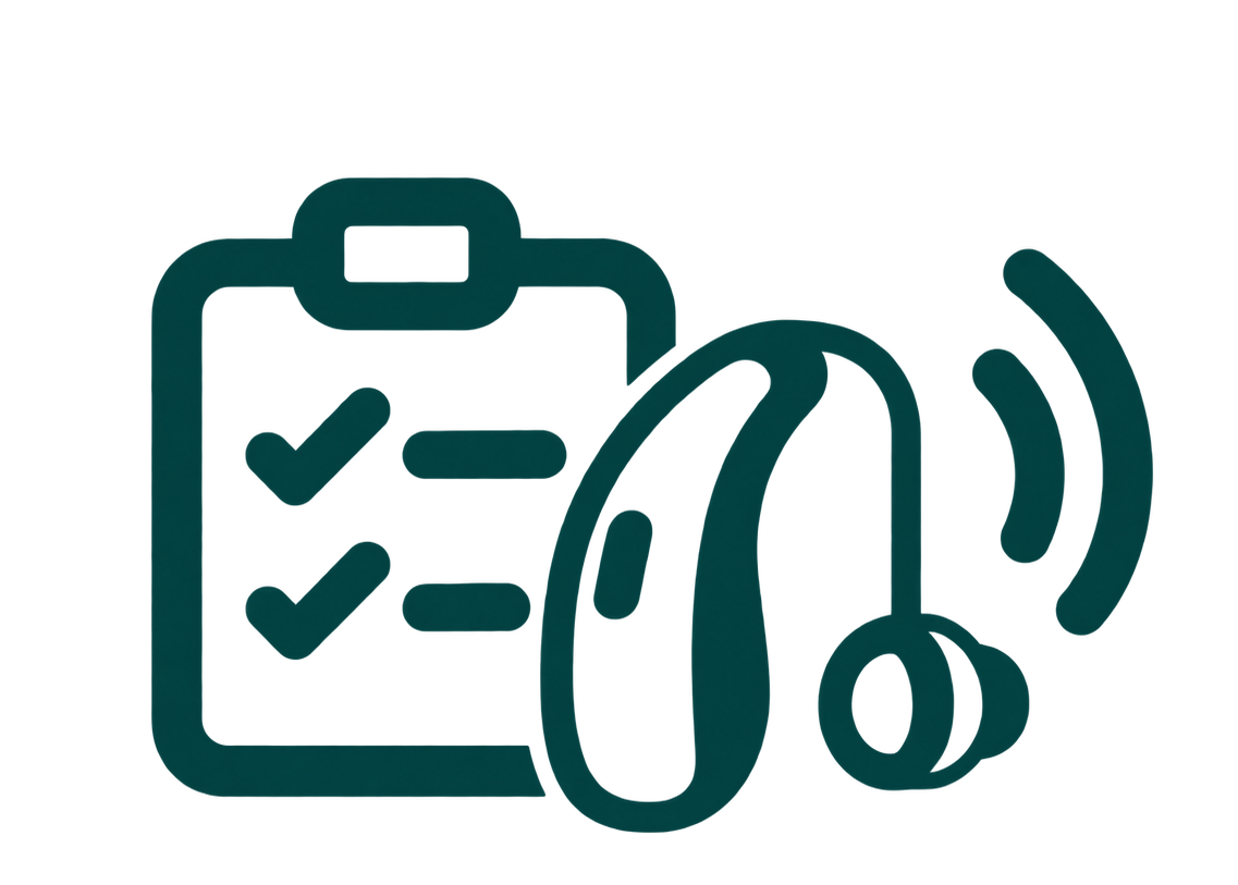 A dark teal checklist with two ticks appears beside a stylised hearing aid and sound waves, illustrating hearing device assessment.
