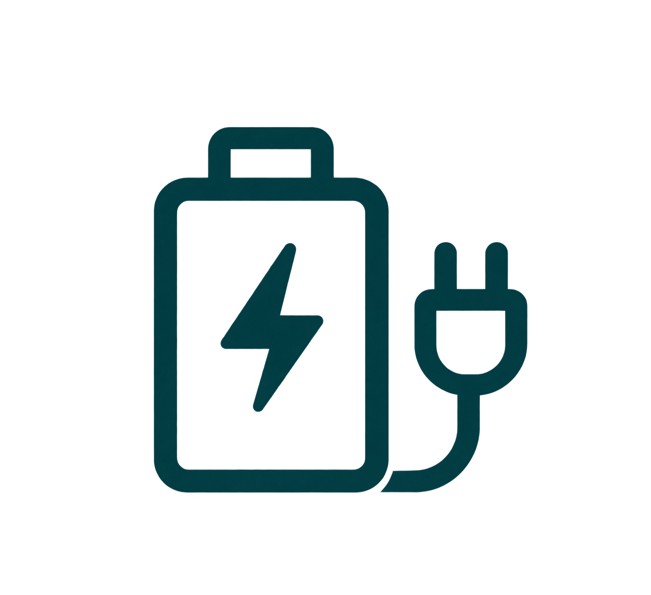 A dark teal battery outline with a lightning bolt links by cable to a two-pin plug, representing rechargeable hearing technology.