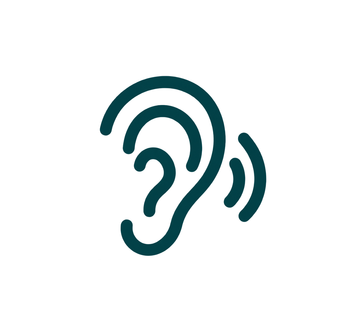 A dark teal ear symbol formed from thick curved lines, with a question mark at its centre, represents a hearing question.
