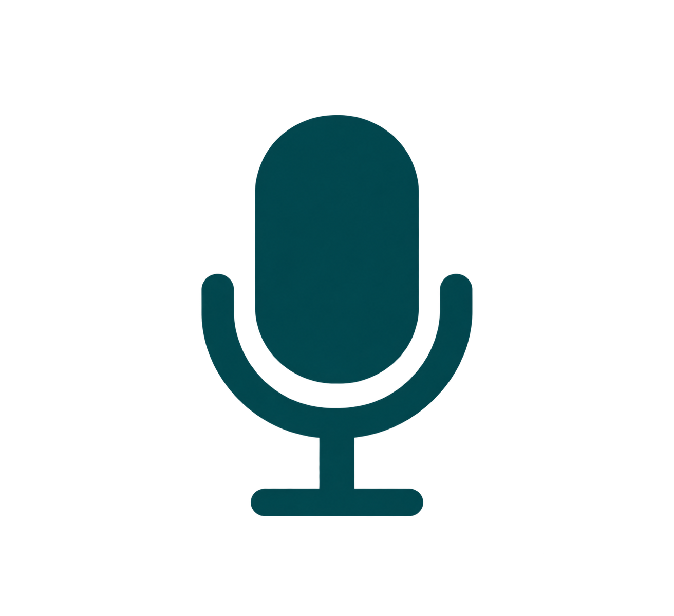 A dark teal microphone symbol has a rounded capsule, curved support, central stem and horizontal base, representing hearing technology.