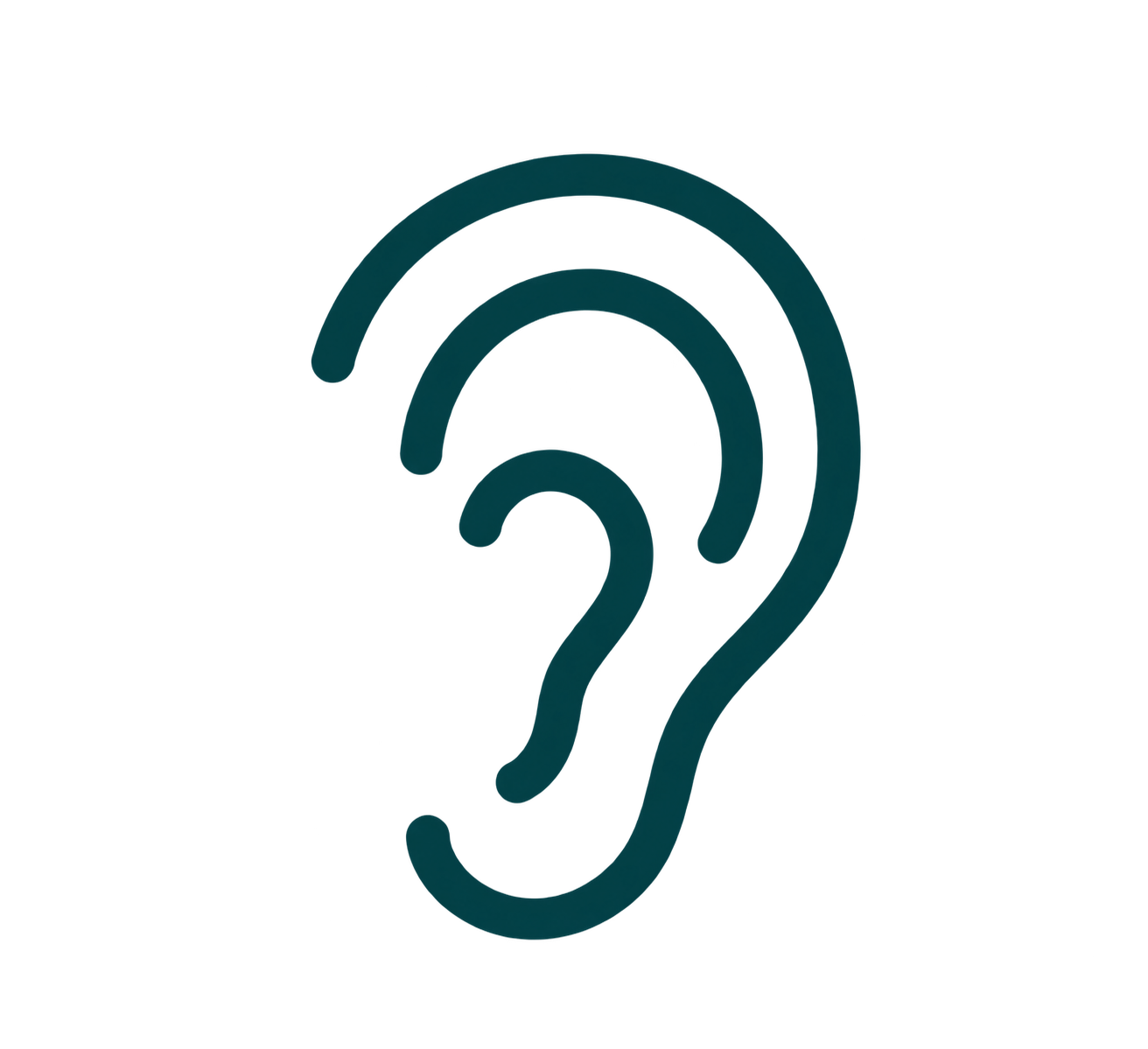 A simple dark teal line drawing of an ear, with curved inner contours, represents hearing care and ear wax removal at Almond Hearing.