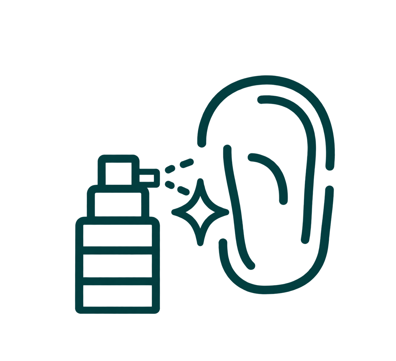 A dark teal line drawing shows an ear beside a spray bottle, with short spray marks and a sparkle suggesting ear cleaning.